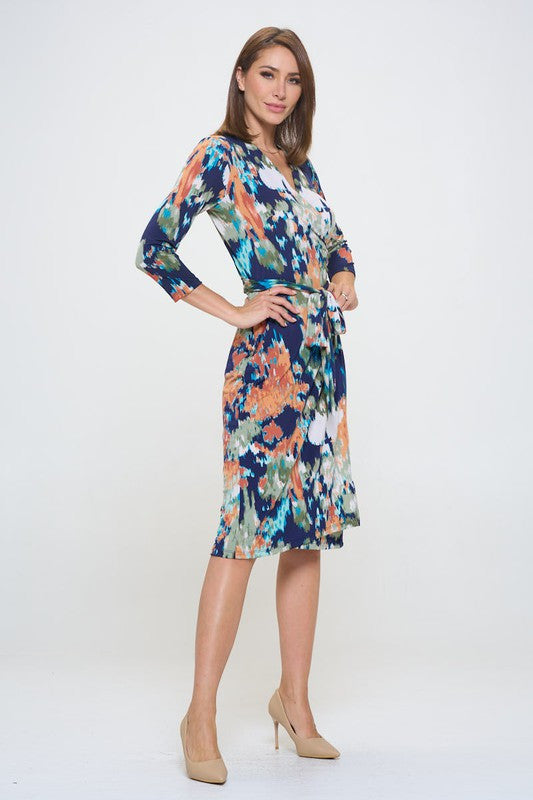 Abstract Print V neck Jersey Wrap Dress with Tie