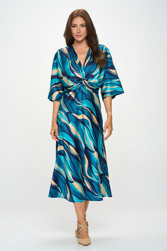 Satin Stretch Print Dress with Front Twist-2