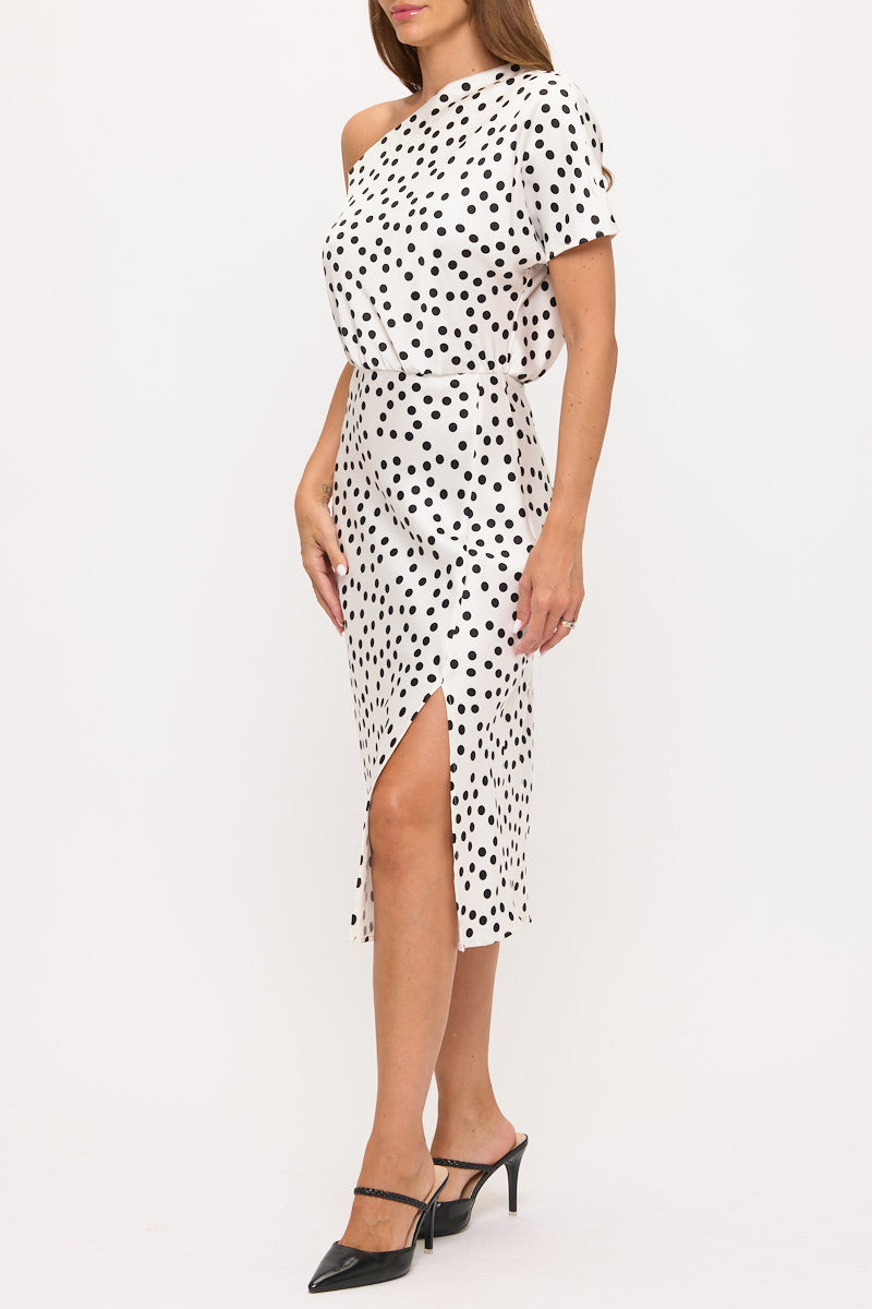 Polka Dot Stretch Satin One Shoulder Dress