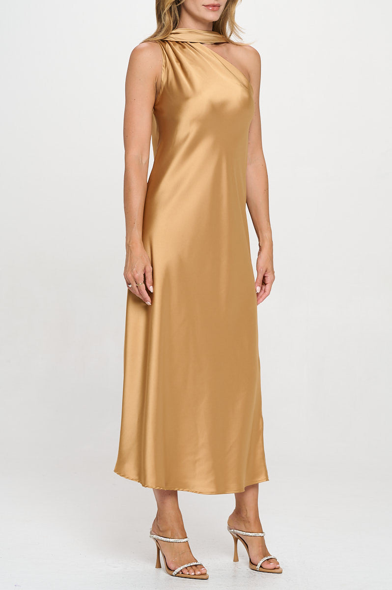 One Shoulder Satin Maxi Dress with Scarf Detail