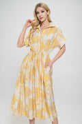 Flower Print Collared V neck Dress with Pockets-0