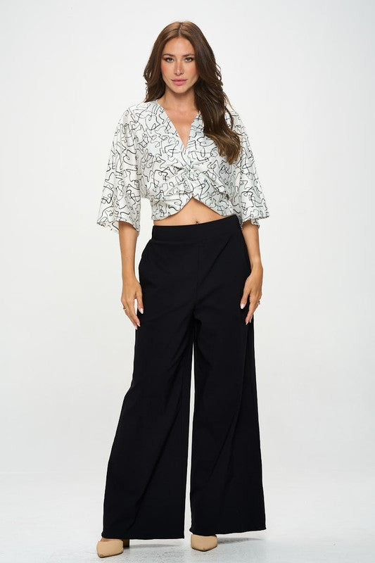Satin Print Mid Sleeve Top with Front Twist