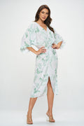 Tencel Tropical Leaf Print Kimono Style Dress with Front Twist