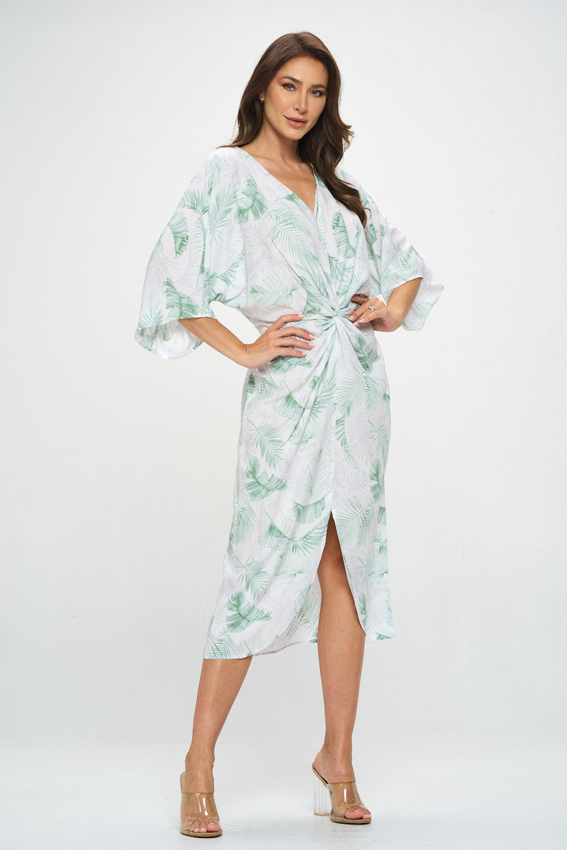 Tencel Tropical Leaf Print Kimono Style Dress with Front Twist