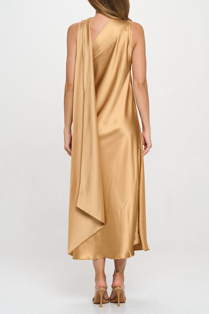 One Shoulder Satin Maxi Dress with Scarf Detail