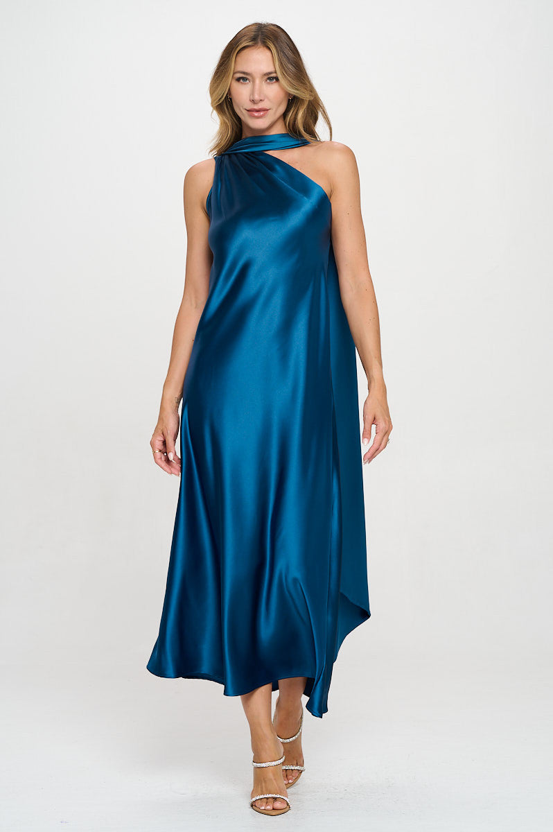 One Shoulder Satin Maxi Dress with Scarf Detail