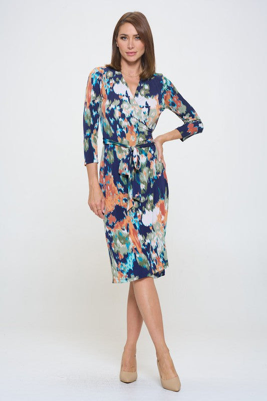 Abstract Print V neck Jersey Wrap Dress with Tie