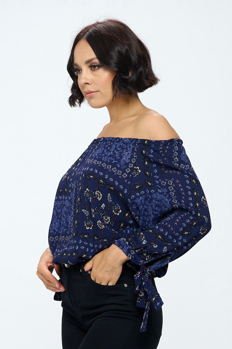 Paisley Print Off Shoulder Top with Sleeve Tie-1
