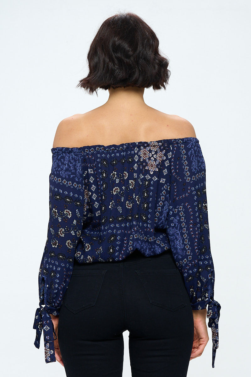 Paisley Print Off Shoulder Top with Sleeve Tie-3