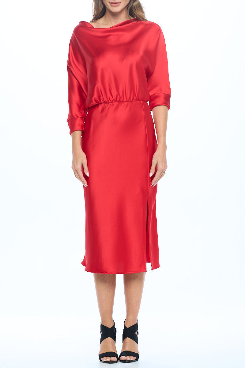 Stretch Satin Print 3/4 Sleeve Dress with Slit