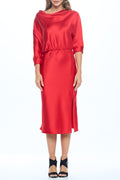 Stretch Satin Print 3/4 Sleeve Dress with Slit