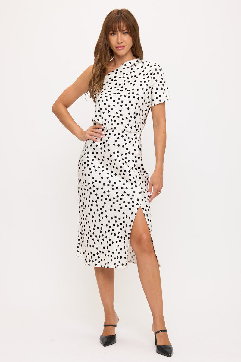 Polka Dot Stretch Satin One Shoulder Dress