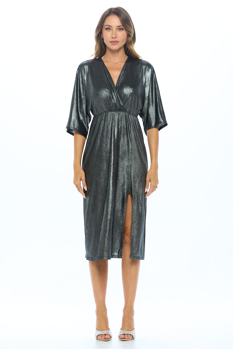 Lurex Metallic Kimono V neck Dress with Slit