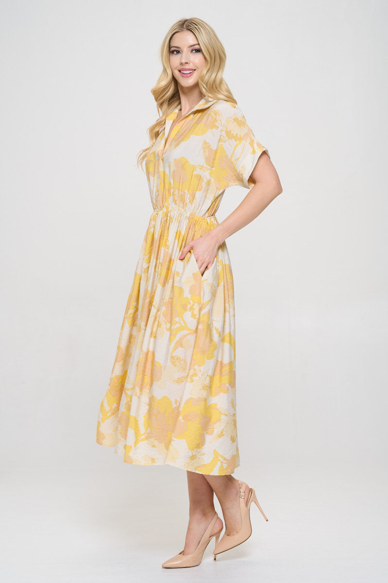 Flower Print Collared V neck Dress with Pockets-3