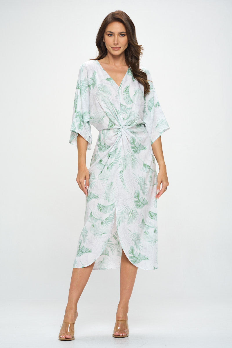 Tencel Tropical Leaf Print Kimono Style Dress with Front Twist