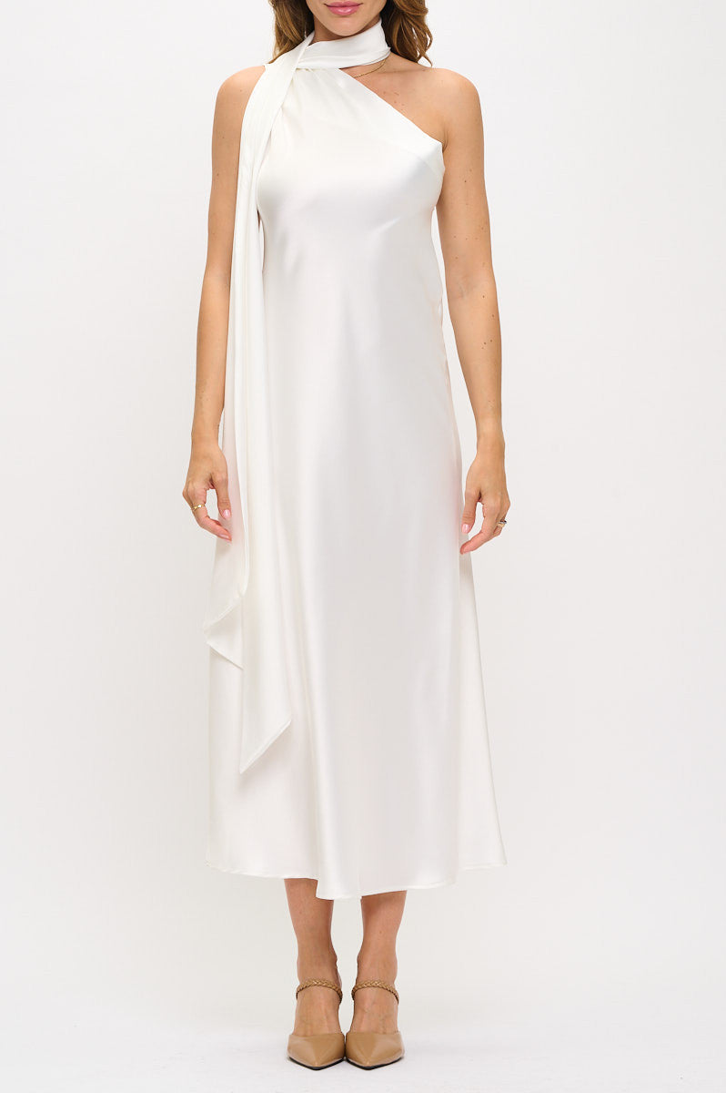 One Shoulder Satin Maxi Dress with Scarf Detail