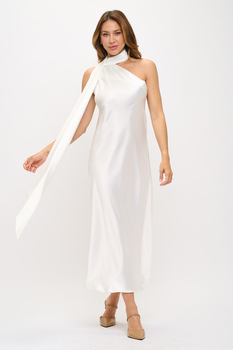 One Shoulder Satin Maxi Dress with Scarf Detail