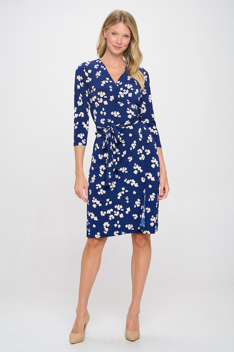 Print V neck Jersey Wrap Dress with Tie