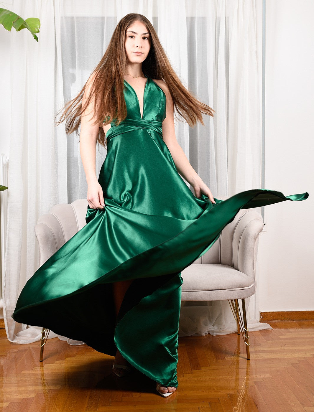Sisilia Goddess Emerald Satin Maxi Dress