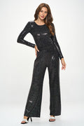 Sequins Wide Leg Pants with Satin Waistband