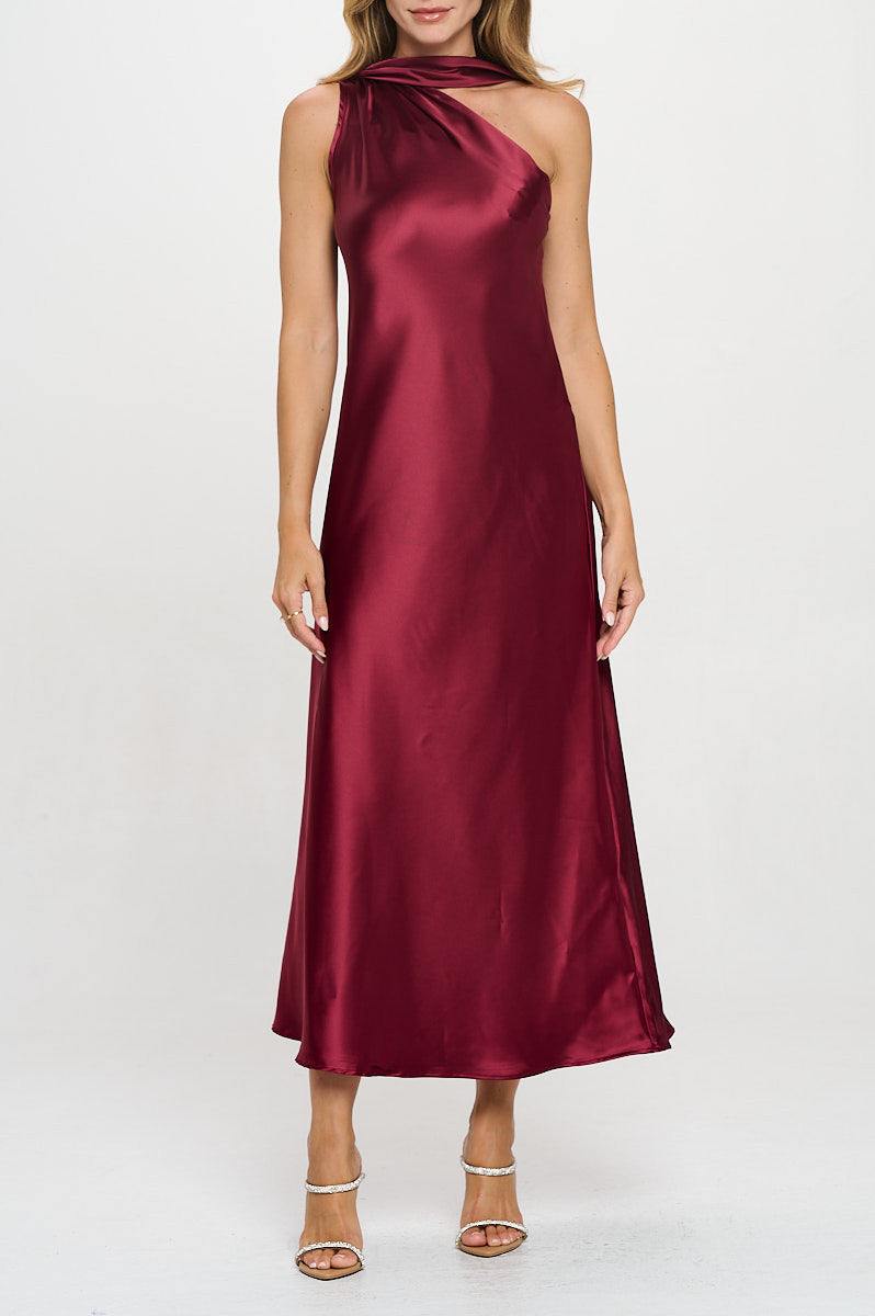 One Shoulder Satin Maxi Dress with Scarf Detail