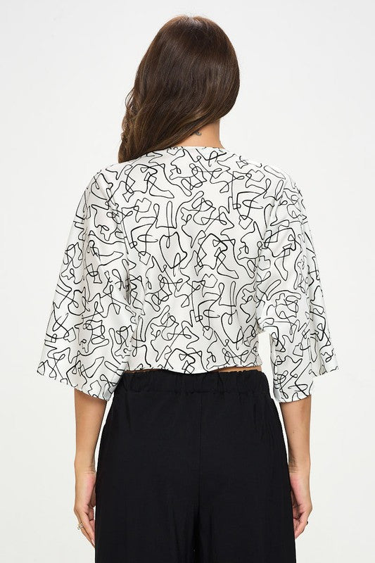 Satin Print Mid Sleeve Top with Front Twist