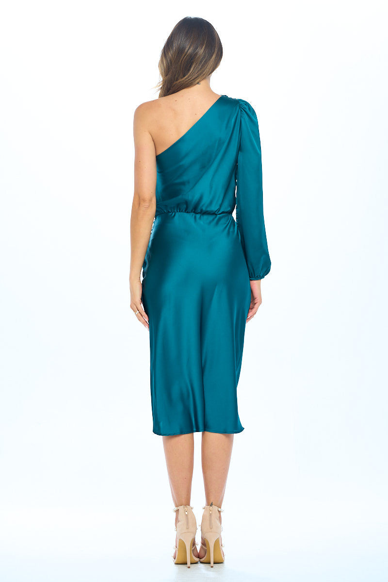 Satin One Shoulder Bodycon Dress w/ Asymmetric Hem