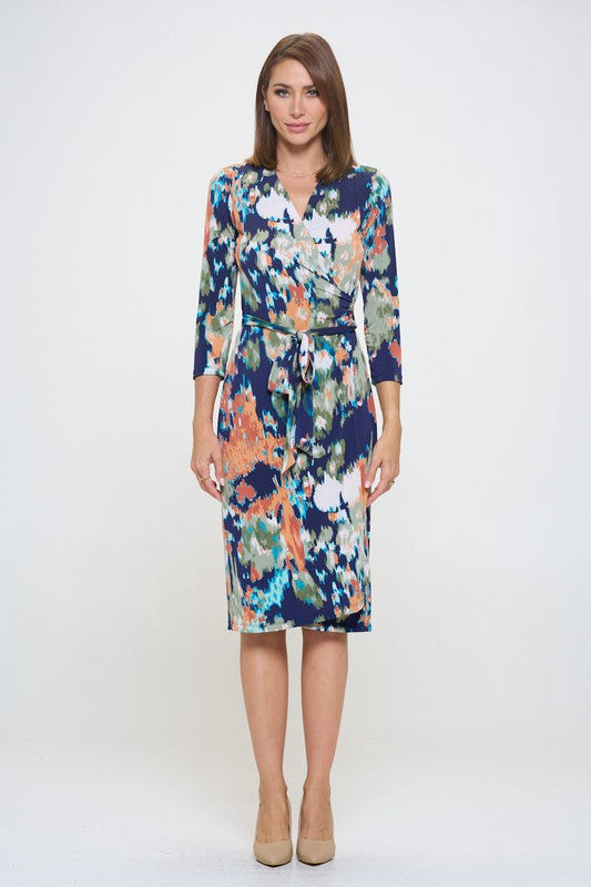 Abstract Print V neck Jersey Wrap Dress with Tie