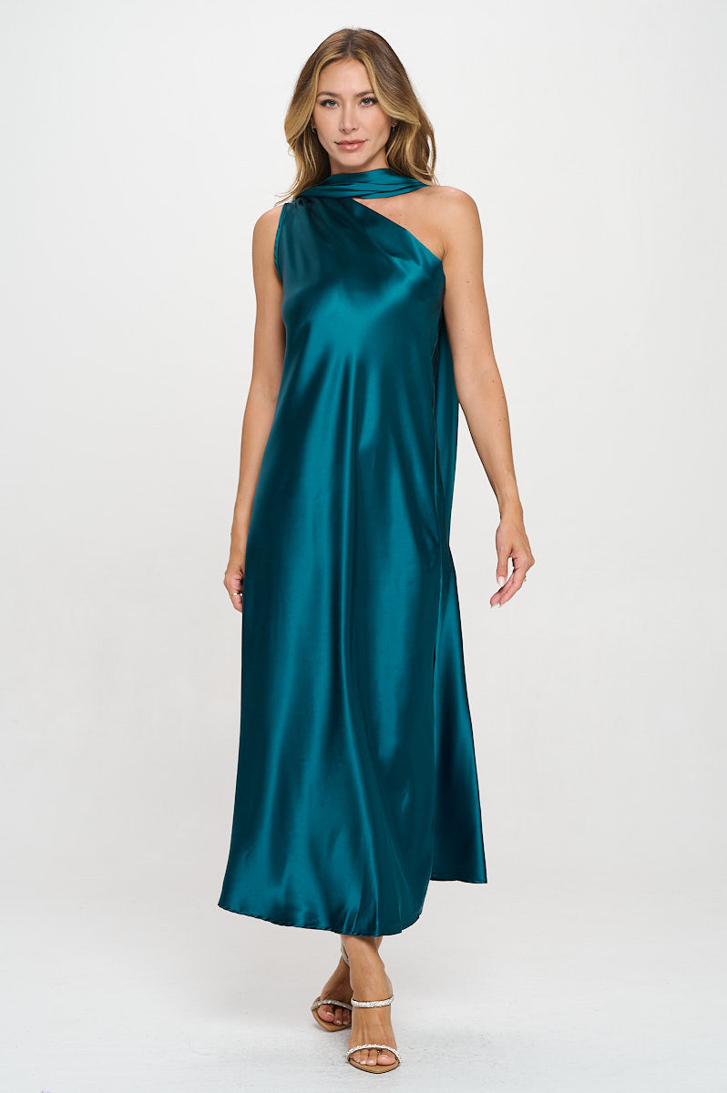 One Shoulder Satin Maxi Dress with Scarf Detail