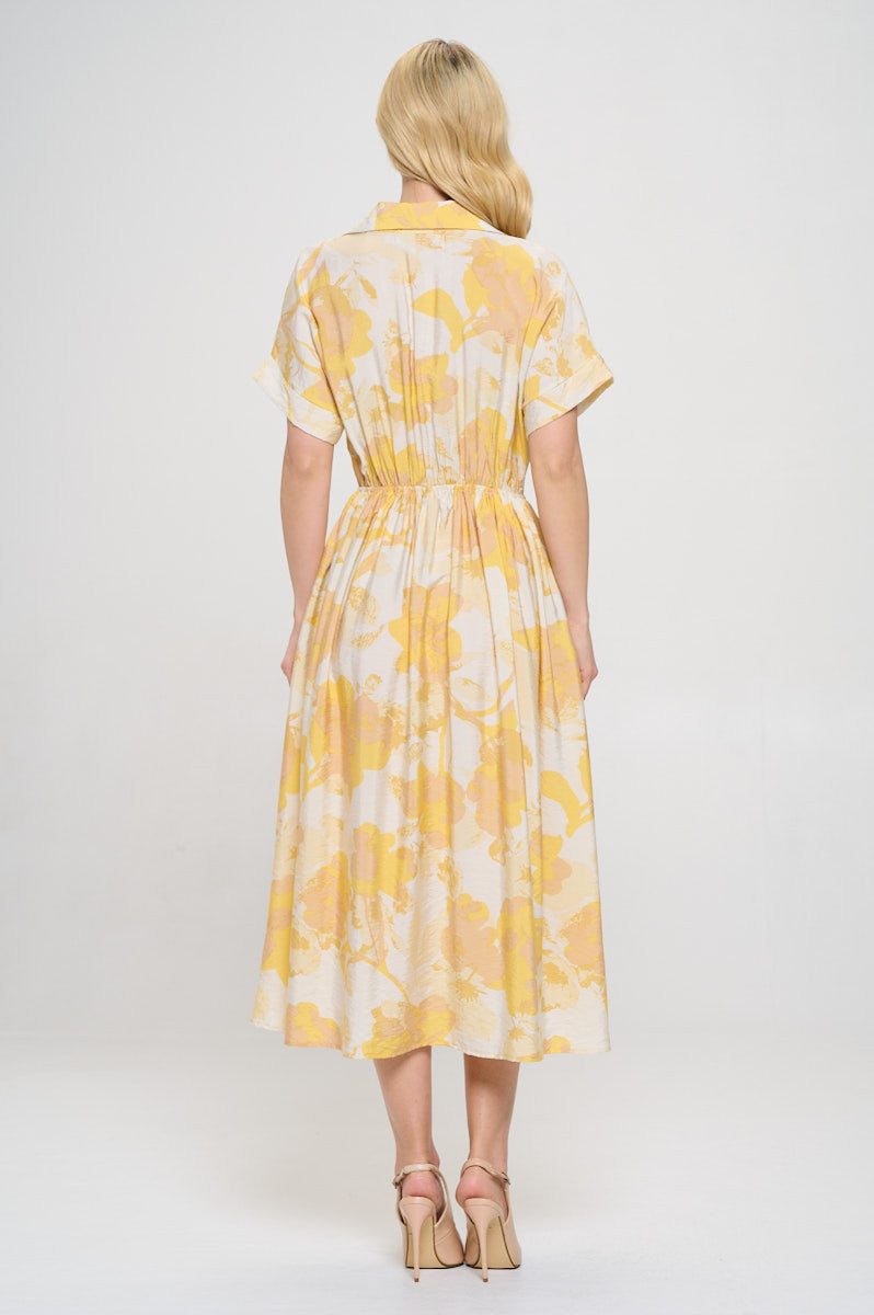 Flower Print Collared V neck Dress with Pockets-4