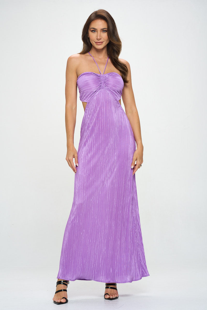 Plisse Halter neck Maxi Cutout Dress with Open Back
