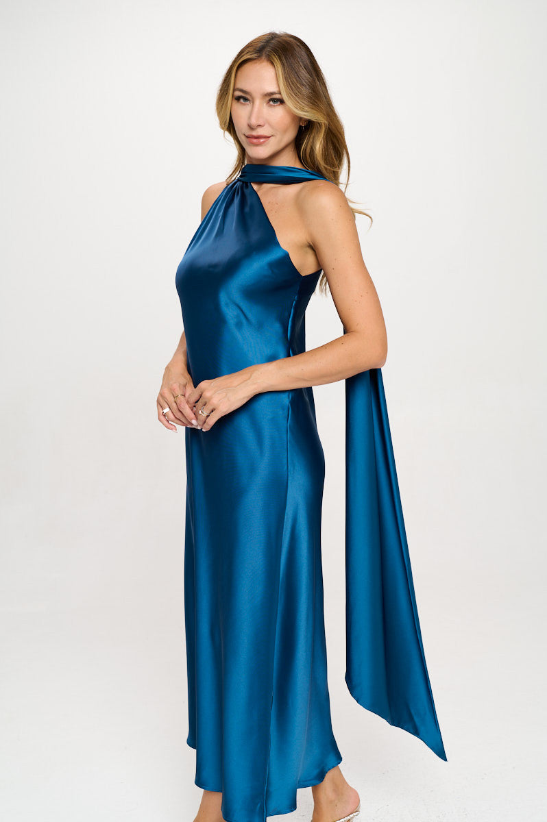 One Shoulder Satin Maxi Dress with Scarf Detail