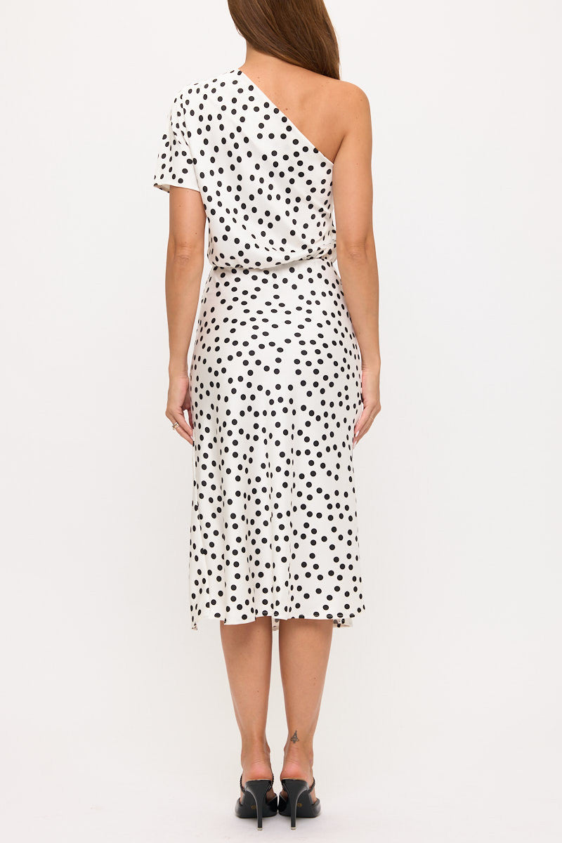 Polka Dot Stretch Satin One Shoulder Dress