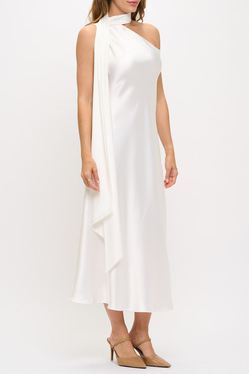 One Shoulder Satin Maxi Dress with Scarf Detail
