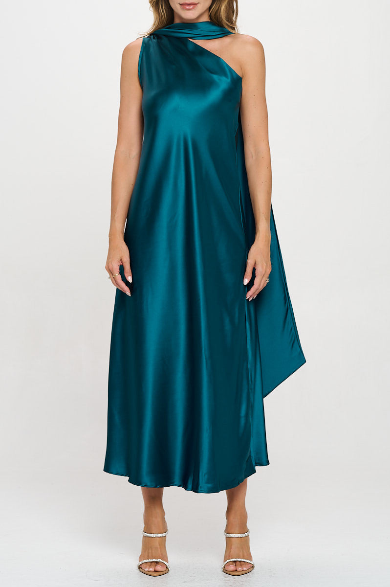 One Shoulder Satin Maxi Dress with Scarf Detail