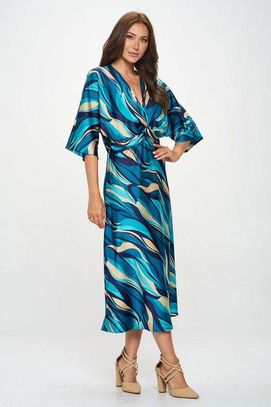 Satin Stretch Print Dress with Front Twist-3