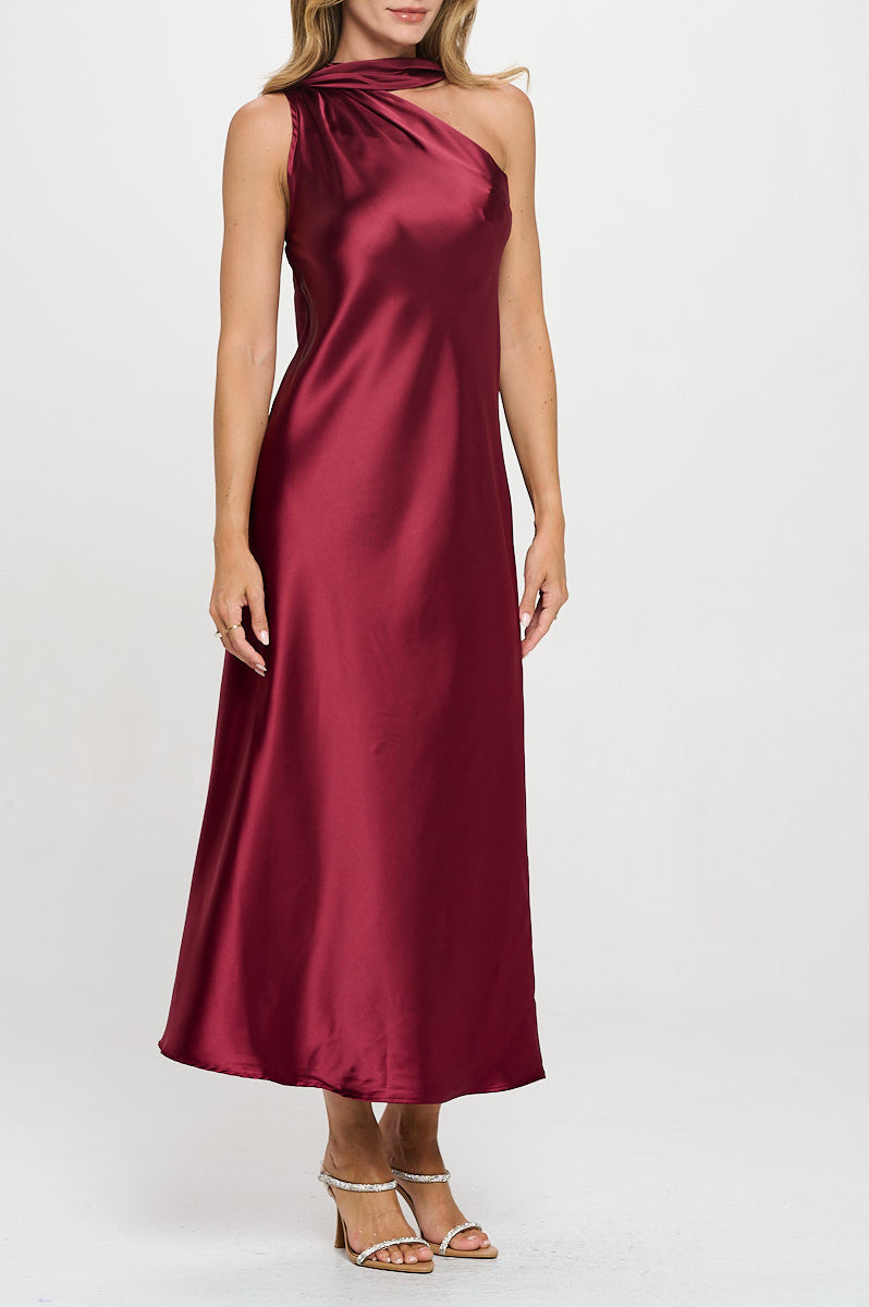 One Shoulder Satin Maxi Dress with Scarf Detail