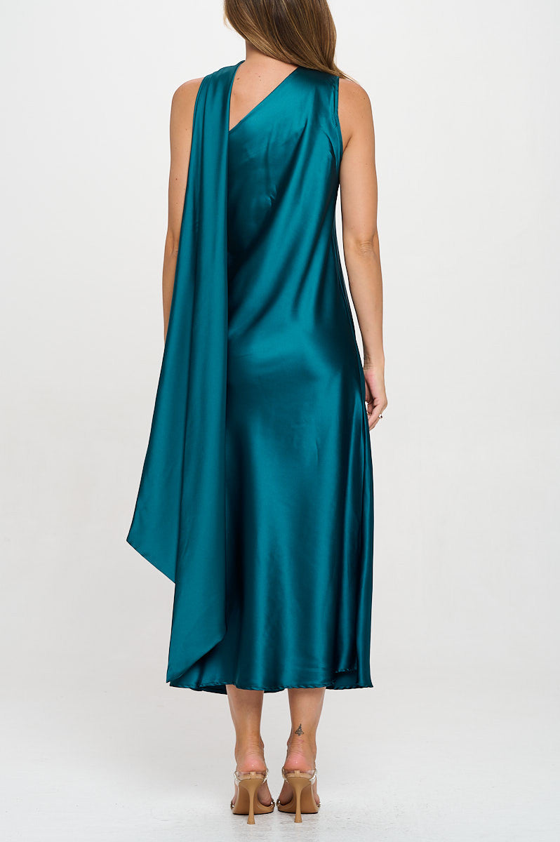 One Shoulder Satin Maxi Dress with Scarf Detail