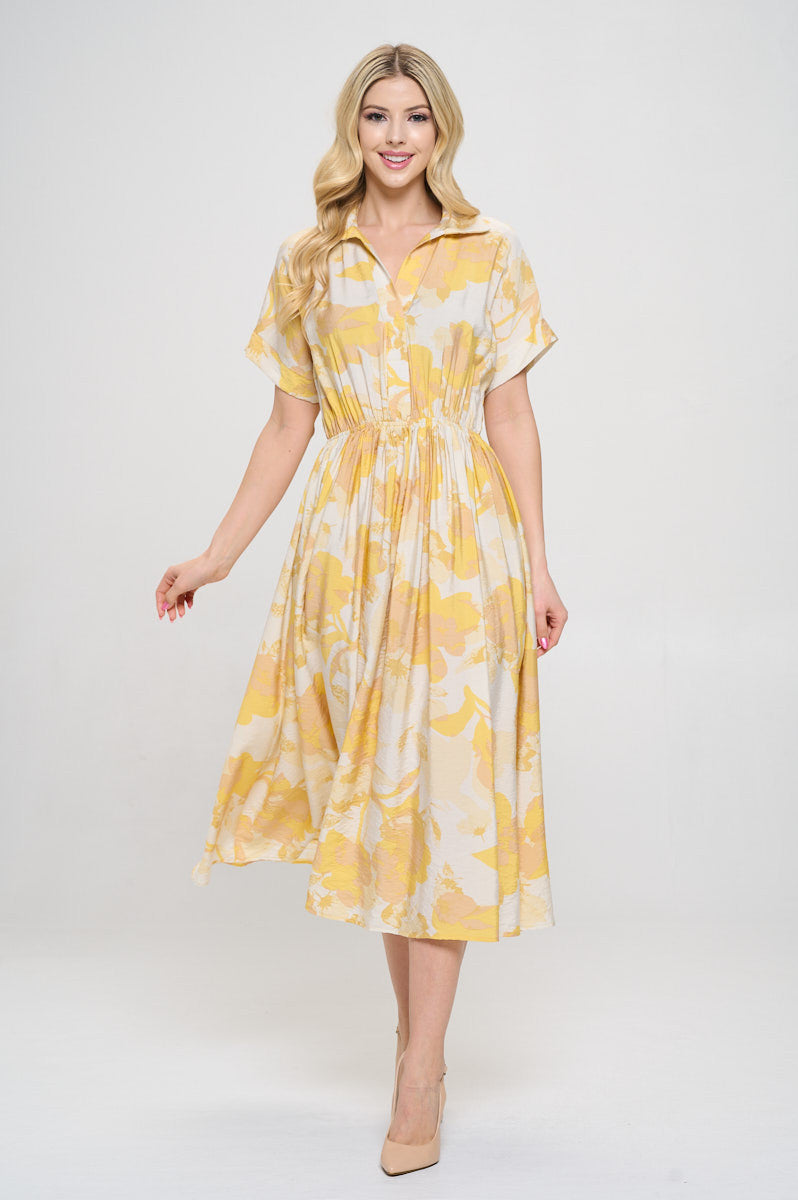 Flower Print Collared V neck Dress with Pockets-1