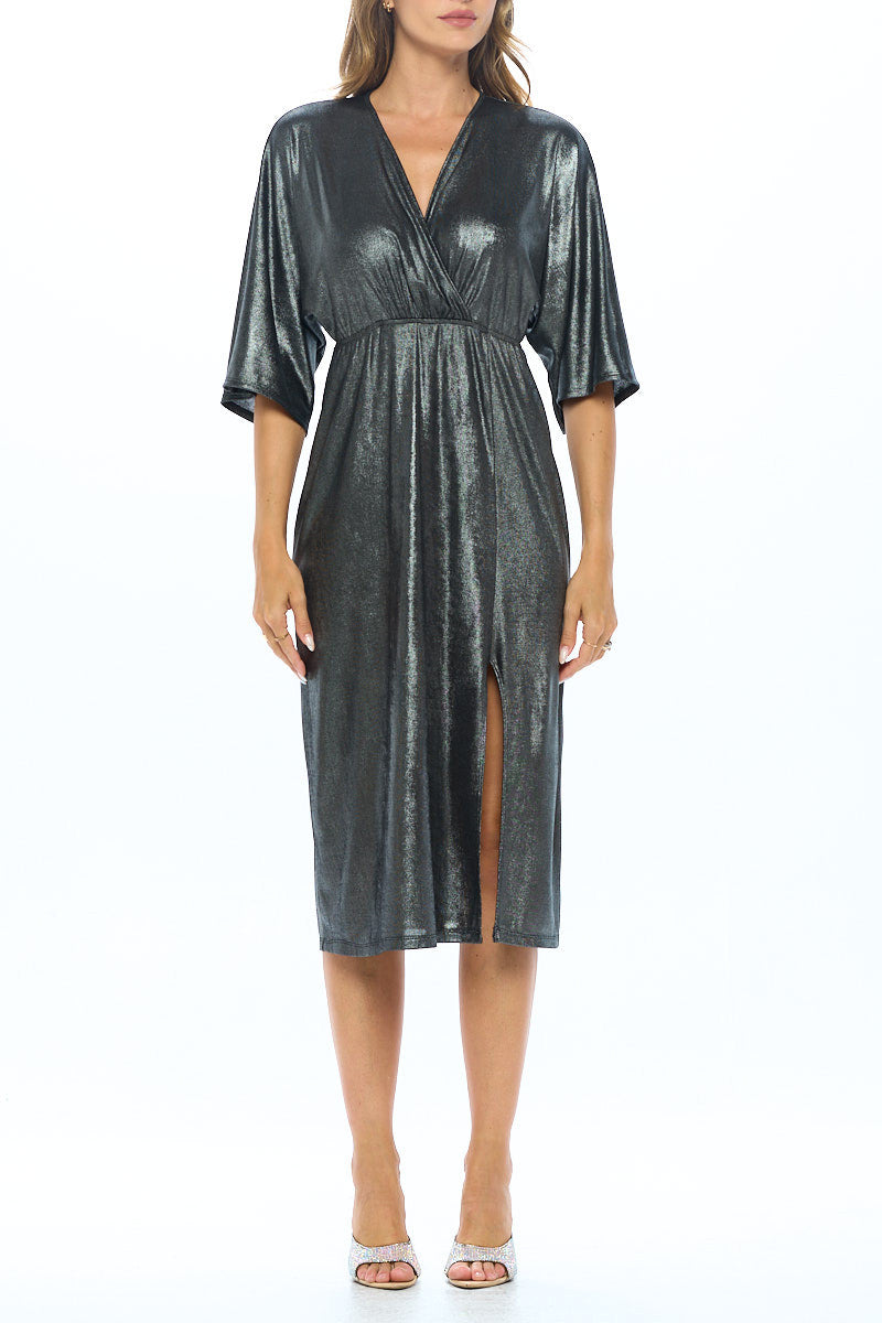 Lurex Metallic Kimono V neck Dress with Slit