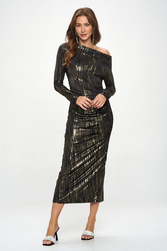 Off Shoulder Bodycon Midi Ruched Dress