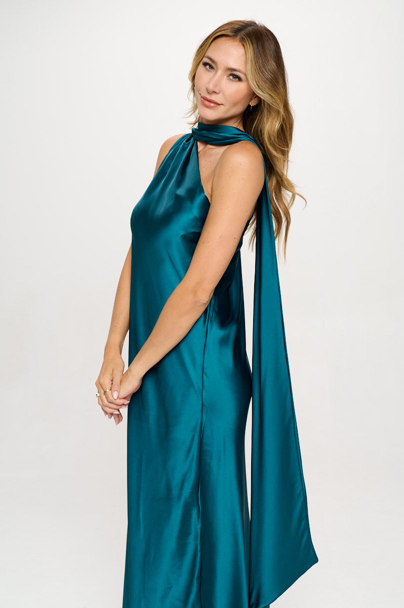 One Shoulder Satin Maxi Dress with Scarf Detail