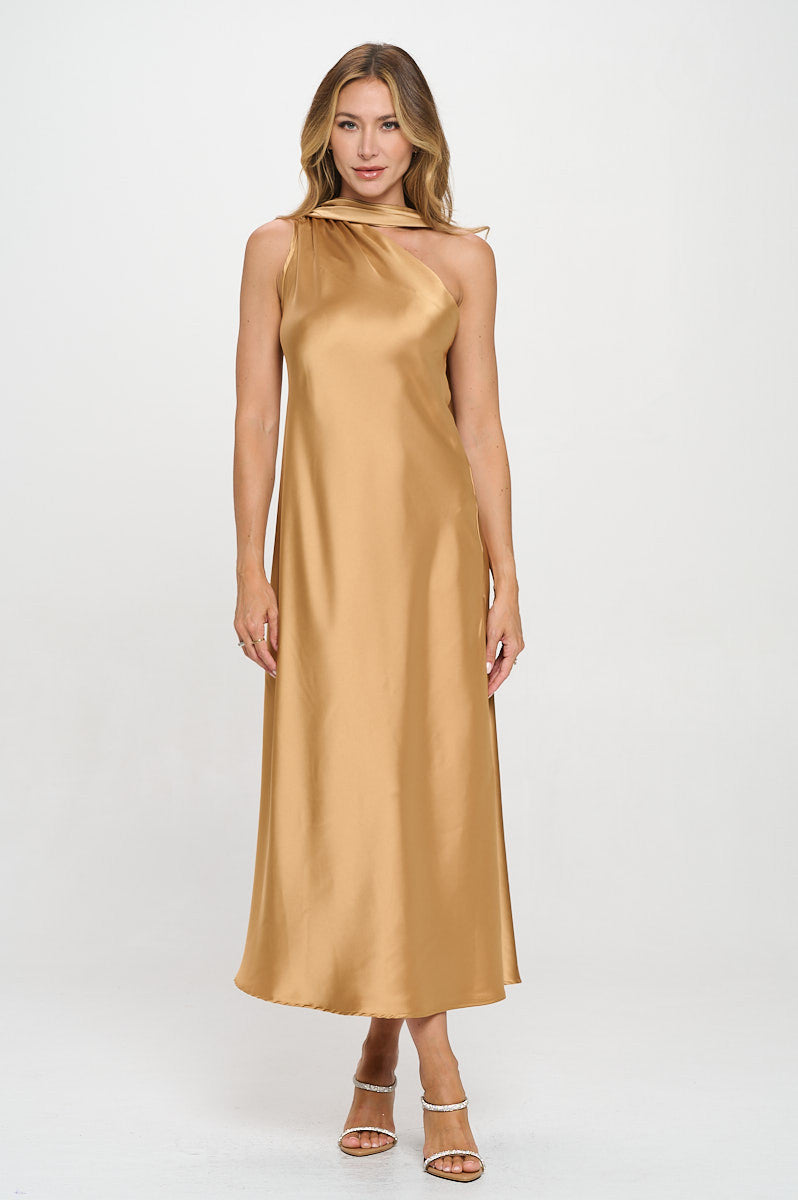 One Shoulder Satin Maxi Dress with Scarf Detail