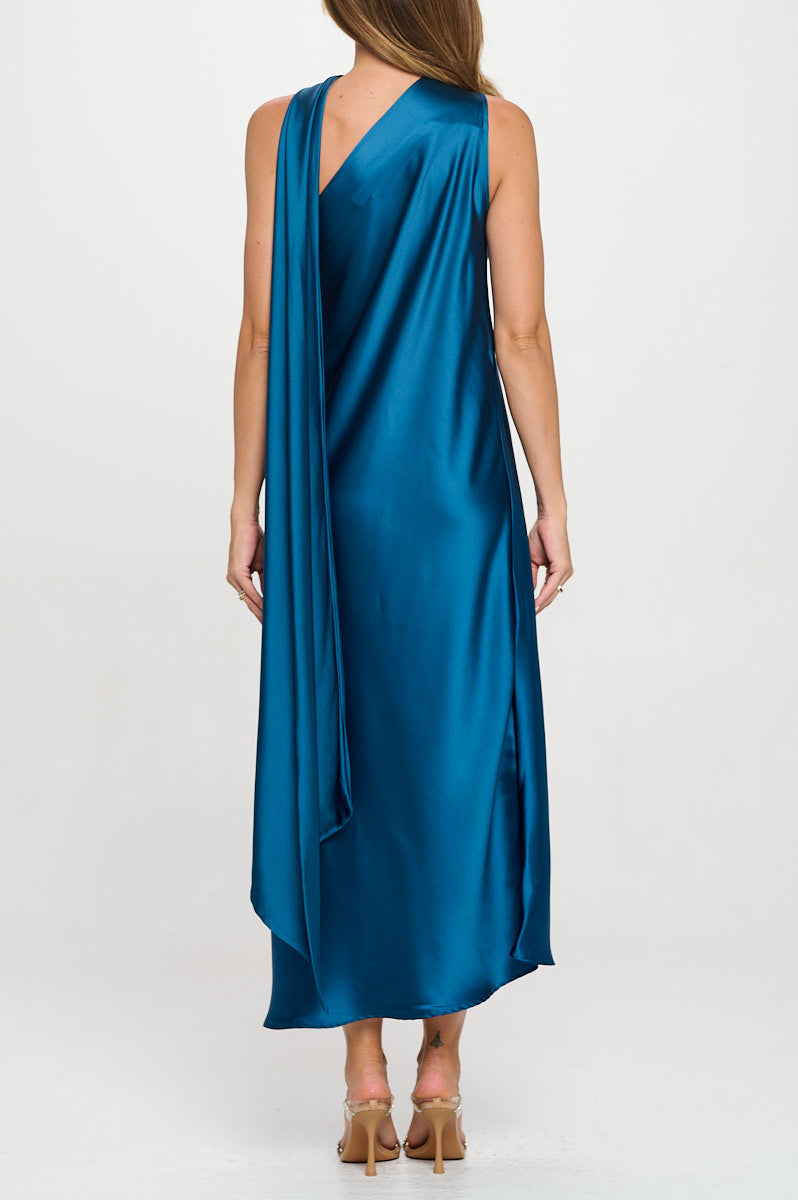 One Shoulder Satin Maxi Dress with Scarf Detail