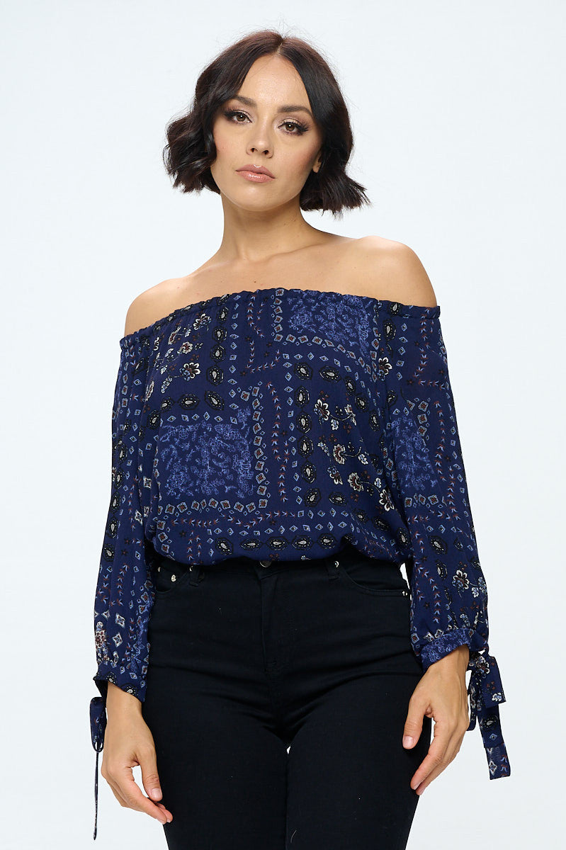 Paisley Print Off Shoulder Top with Sleeve Tie-0