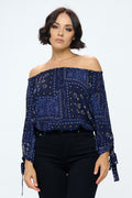 Paisley Print Off Shoulder Top with Sleeve Tie-0