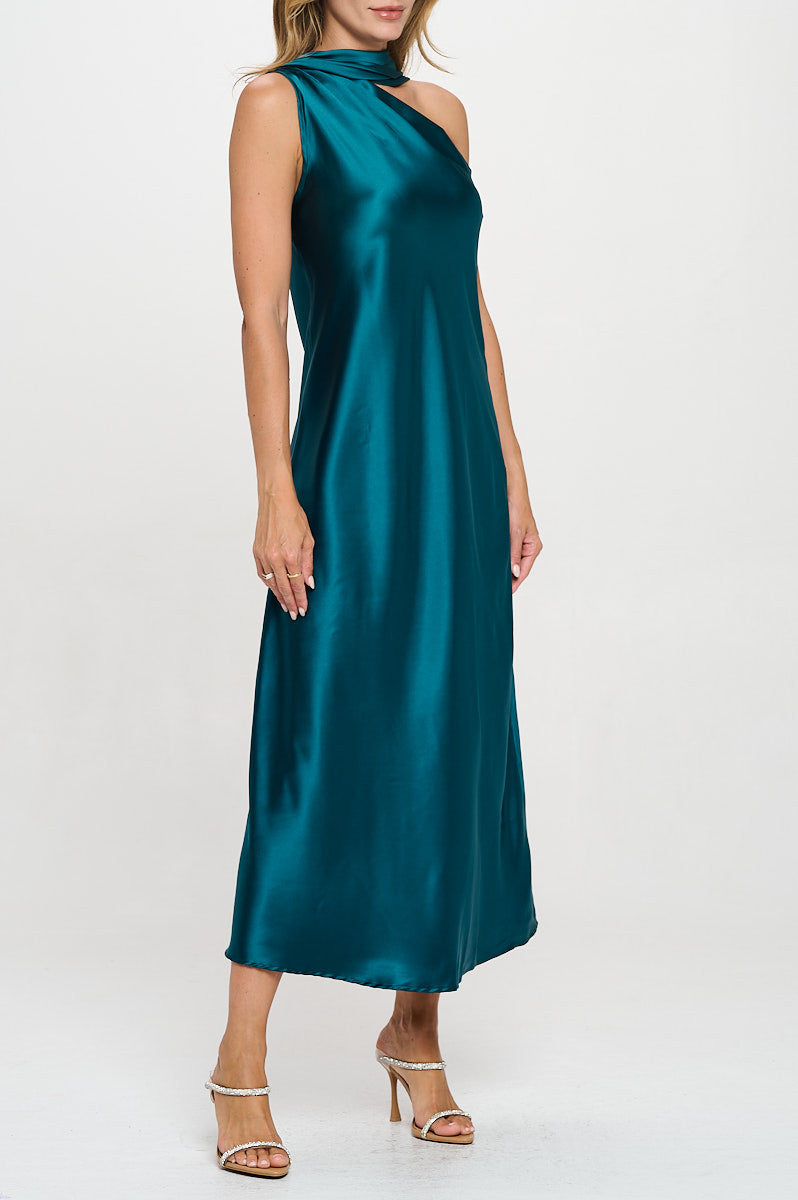 One Shoulder Satin Maxi Dress with Scarf Detail