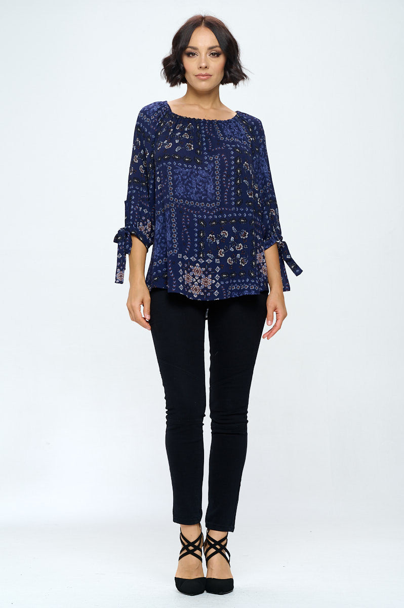 Paisley Print Off Shoulder Top with Sleeve Tie-4