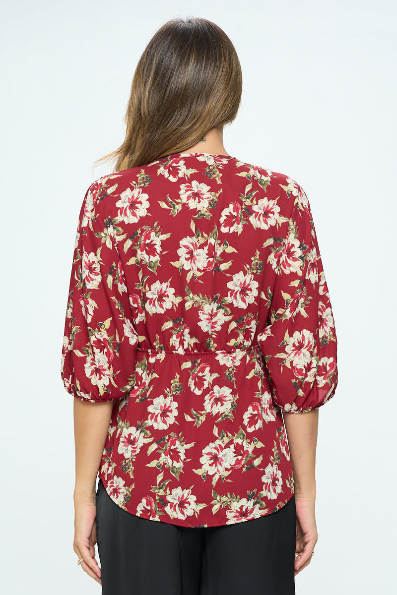 Floral Print V neck Kimono Top-3