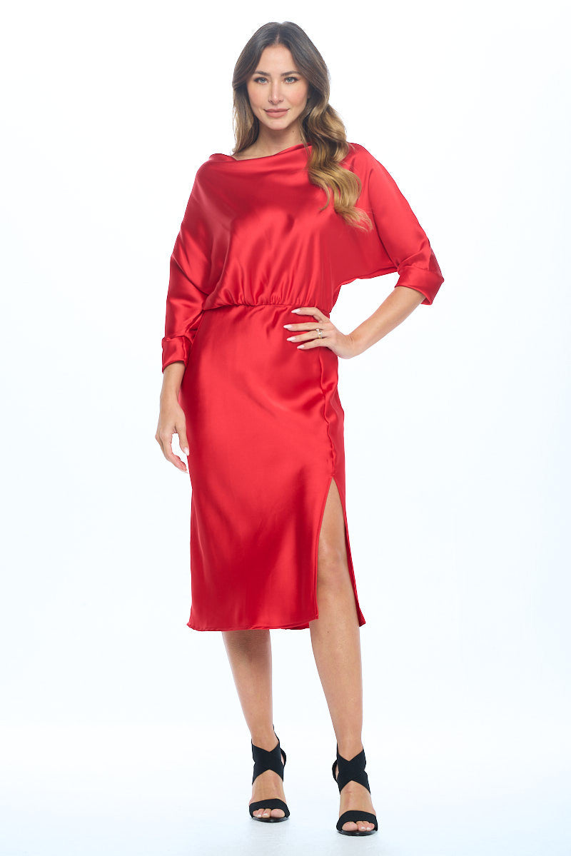 Stretch Satin Print 3/4 Sleeve Dress with Slit